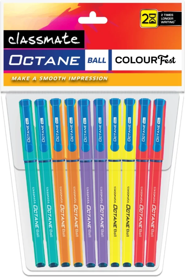 ITC Classmate Octane Ball, now available in Colour Fest Series comes in 5 attractive body color pens with a two times longer writing experience.